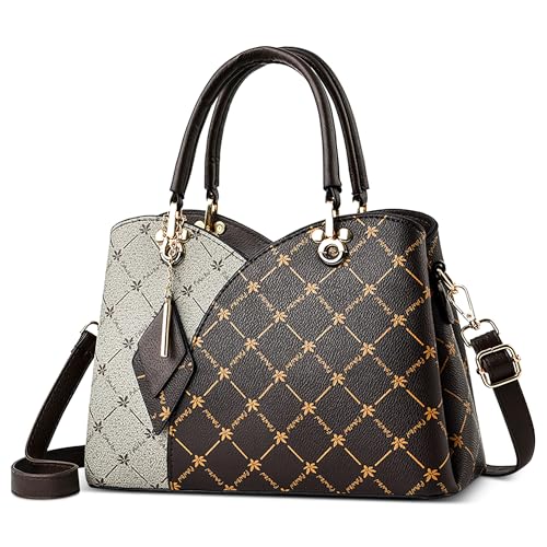 DORRISO Handtasche Damen Stilvoll Elegant Farbblock Design Schultertasche Praktisch Kuriertaschen mit Anhänger Umhängetasche Damen Reisen Urlaub Einkaufen PU Leder Beige von DORRISO