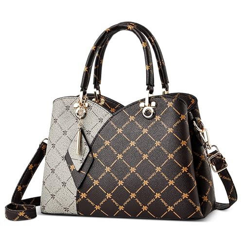 DORRISO Handtasche Damen Stilvoll Elegant Farbblock Design Schultertasche Praktisch Kuriertaschen mit Anhänger Umhängetasche Damen Reisen Urlaub Einkaufen PU Leder Braun von DORRISO