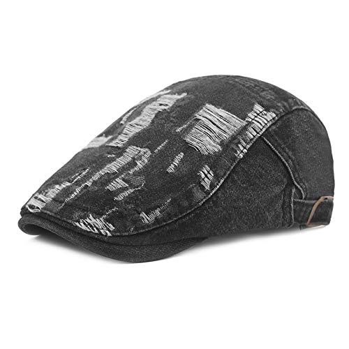 DORRISO Herren Denim Flache Kappe Vintage Schirmmützen Schiebermütze Driving Cabbie Fahrhut Newsboy Cap Reise Freizeit Flat Cap Schwarz von DORRISO
