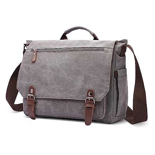 DORRISO Herren Umhängetasche Groß Messenger Bag 14 Zoll Laptoptasche für Herren mit Griff Vintage Schultertasche für Urlaub Lässig Geschäftsreise Täglich Canvas Herren Kuriertasche Grau von DORRISO