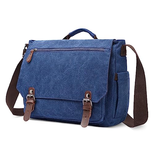 DORRISO Herren Umhängetasche Groß Messenger Bag 14 zoll Laptoptasche für Herren mit Griff Vintage Schultertasche für Urlaub Lässig Geschäftsreise Täglich Canvas Herren Kuriertasche Blau von DORRISO