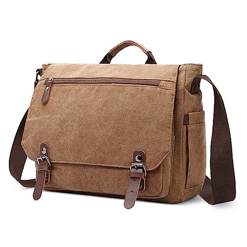 DORRISO Herren Umhängetasche Groß Messenger Bag 14 zoll Laptoptasche für Herren mit Griff Vintage Schultertasche für Urlaub Lässig Geschäftsreise Täglich Canvas Herren Kuriertasche Braun von DORRISO