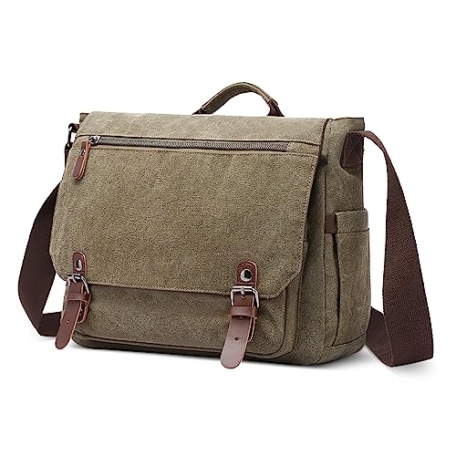 DORRISO Herren Umhängetasche Groß Messenger Bag 14 zoll Laptoptasche für Herren mit Griff Vintage Schultertasche für Urlaub Lässig Geschäftsreise Täglich Canvas Herren Kuriertasche Grün von DORRISO