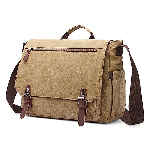 DORRISO Herren Umhängetasche Groß Messenger Bag 14 zoll Laptoptasche für Herren mit Griff Vintage Schultertasche für Urlaub Lässig Geschäftsreise Täglich Canvas Herren Kuriertasche Khaki von DORRISO