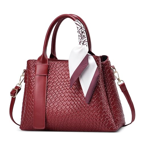 DORRISO Klassische Textur Handtasche für Damen Mode Henkeltasche mit Elegant Schick Seidentuch Schultertasche Damen Urlaub Business Nachmittagstee Einkaufen Reise PU Leder Kuriertaschen Rot von DORRISO