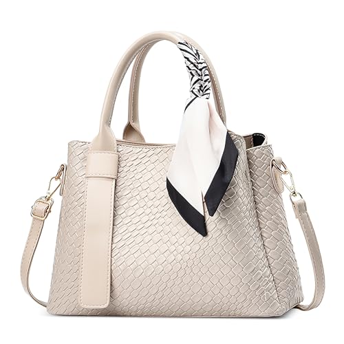 DORRISO Klassische Textur Handtasche für Damen Mode Henkeltasche mit Elegant Schick Seidentuch Schultertasche Damen Urlaub Business Nachmittagstee Einkaufen Reise PU Leder Kuriertaschen Weiß von DORRISO