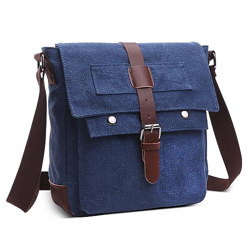 DORRISO Leicht Herren Schultertaschen Klein Vintage Umhängetasche für 10.9 Zoll iPad mit Verstellbarem Riemen Mehrere Taschen für Lässig Urlaub Reisen Täglich Herren Canvas Kuriertasche Blau von DORRISO