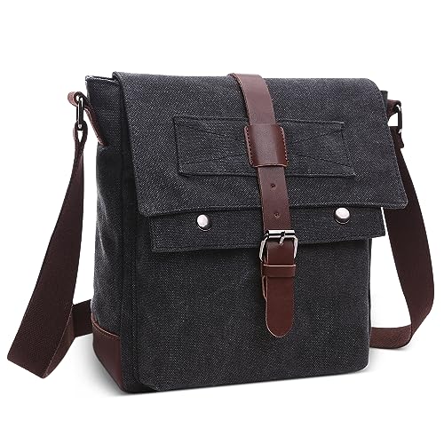 DORRISO Leicht Herren Schultertaschen Klein Vintage Umhängetasche für 10.9 Zoll iPad mit Verstellbarem Riemen Mehrere Taschen für Lässig Urlaub Reisen Täglich Herren Canvas Kuriertasche Schwarz von DORRISO