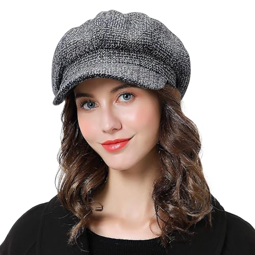 DORRISO Mode Damen Baske Baskenmütze Gestrickte Schirmmütze Frühling Herbst Winter Mütze Verstellbar Leicht Weiche Maler Mütze Barett Mütze Achteckiger Hut 54-58CM Schwarz von DORRISO