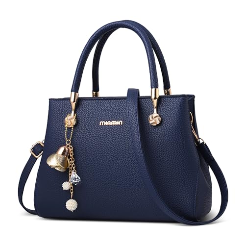 DORRISO Mode Damen Handtasche Elegante Henkeltasche mit Schickem Blumenanhänger Tote Tasche für Einkaufen Reise Urlaub Business Nachmittagstee Damen PU Leder Kuriertaschen Blau von DORRISO