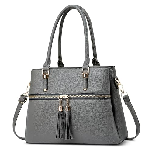 DORRISO Mode Damen Handtasche Mittelgroß PU Leder Henkeltasche Schultertasche mit Multi Taschen Shopper Tasche Kuriertaschen für Reise Einkaufen Arbeit Urlaub Business Damen Umhängetasche Grau von DORRISO