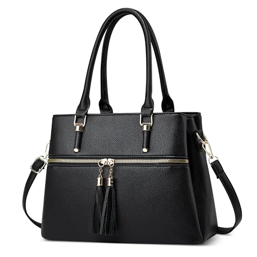 DORRISO Mode Damen Handtasche Mittelgroß PU Leder Henkeltasche Schultertasche mit Multi Taschen Shopper Tasche Kuriertaschen für Reise Einkaufen Arbeit Urlaub Business Damen Umhängetasche Schwarz von DORRISO