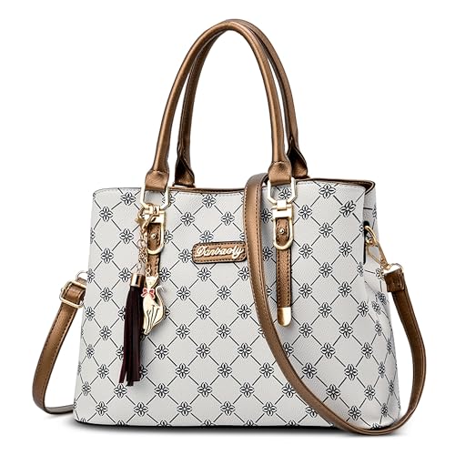 DORRISO Mode Damen Handtasche Reise Handtasche Einzigartiges Gittermuster Design Schultertasche Umhängetasche Casual Niedlicher Anhänger Top Griff Tasche für Frauen Beige Weiß A von DORRISO