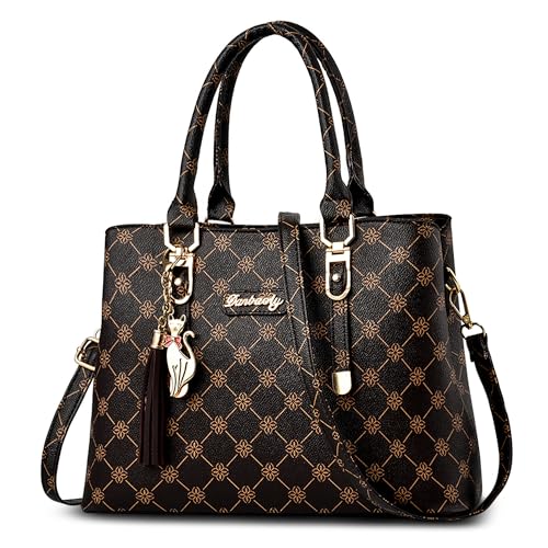 DORRISO Mode Damen Handtasche Reise Handtasche Einzigartiges Gittermuster Design Schultertasche Umhängetasche Casual Niedlicher Anhänger Top Griff Tasche für Frauen Braun von DORRISO