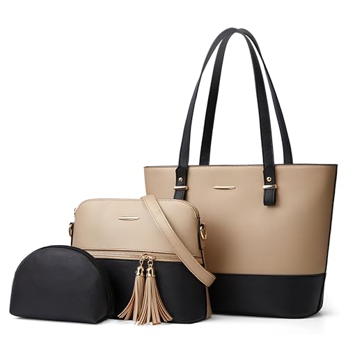 DORRISO Mode Damen Henkeltasche 3-teiliges Set mit Umhängetasche und Geldbörse Damen Elegant PU Leder Henkeltasche für Reise Einkaufen Arbeit Urlaub Business Shopper Schultertasche Khaki mit Schwarz von DORRISO