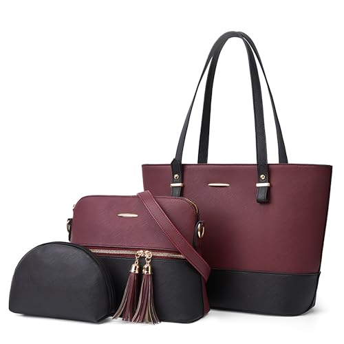 DORRISO Mode Damen Henkeltasche 3-teiliges Set mit Umhängetasche und Geldbörse Damen Elegant PU Leder Henkeltasche für Reise Einkaufen Arbeit Urlaub Business Shopper Schultertasche Lila mit Schwarz von DORRISO