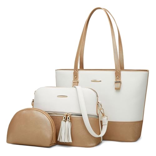 DORRISO Mode Damen Henkeltasche 3-teiliges Set mit Umhängetasche und Geldbörse Damen Elegant PU Leder Henkeltasche für Reise Einkaufen Arbeit Urlaub Business Shopper Schultertasche Weiß mit Khaki von DORRISO