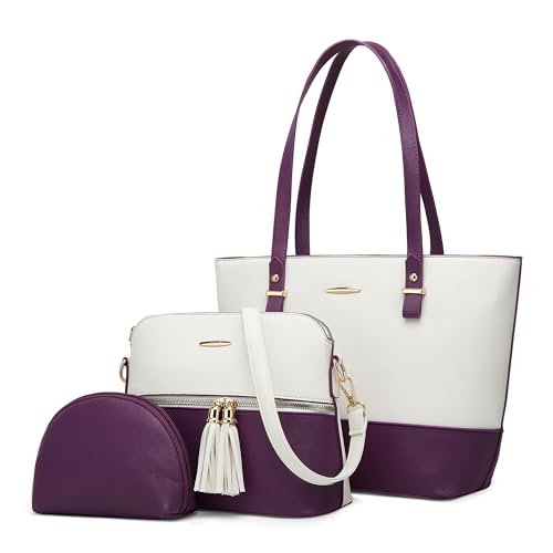 DORRISO Mode Damen Henkeltasche 3-teiliges Set mit Umhängetasche und Geldbörse Damen Elegant PU Leder Henkeltasche für Reise Einkaufen Arbeit Urlaub Business Shopper Schultertasche Weiß mit Lila von DORRISO