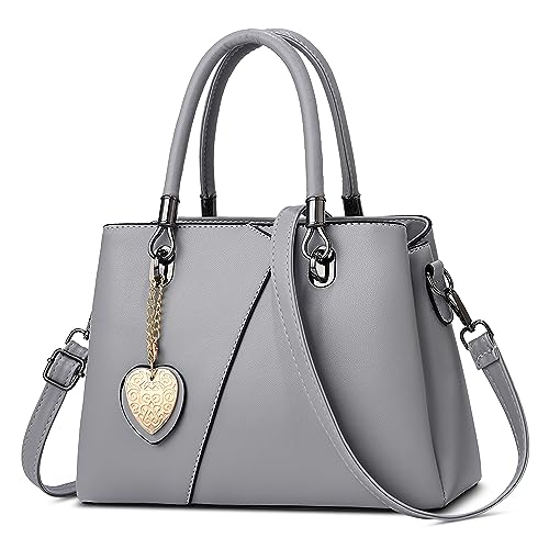 DORRISO Mode Damen Henkeltasche Mittelgroß PU Leder Handtasche Schultertasche mit Schick Anhänger Shopper Tasche Kuriertaschen für Reise Einkaufen Arbeit Urlaub Business Damen Umhängetasche Grau von DORRISO