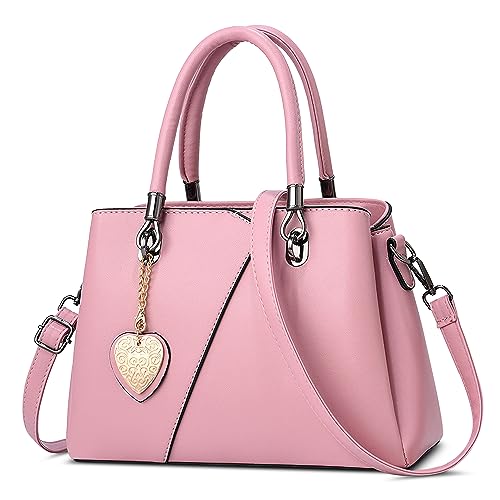 DORRISO Mode Damen Henkeltasche Mittelgroß PU Leder Handtasche Schultertasche mit Schick Anhänger Shopper Tasche Kuriertaschen für Reise Einkaufen Arbeit Urlaub Business Damen Umhängetasche Rosa von DORRISO