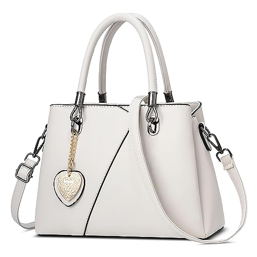 DORRISO Mode Damen Henkeltasche Mittelgroß PU Leder Handtasche Schultertasche mit Schick Anhänger Shopper Tasche Kuriertaschen für Reise Einkaufen Arbeit Urlaub Business Damen Umhängetasche Weiß von DORRISO