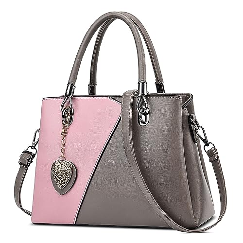 DORRISO Mode Damen Henkeltasche Mittelgroß PU Leder Handtasche Schultertasche mit Schick Anhänger Shopper Tasche Kuriertaschen für Reise Einkaufen Urlaub Business Damen Umhängetasche Graurosa A von DORRISO