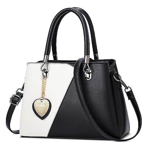 DORRISO Mode Damen Henkeltasche Mittelgroß PU Leder Handtasche Schultertasche mit Schick Anhänger Shopper Tasche Kuriertaschen für Reise Einkaufen Urlaub Business Damen Umhängetasche Schwarz Weiss von DORRISO