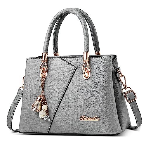 DORRISO Mode Handtasche Damen Elegant Tote Tasche mit Schickem Blumenanhänger Henkeltasche für Einkaufen Reise Urlaub Business Nachmittagstee PU Leder Damen Kuriertaschen Grau von DORRISO