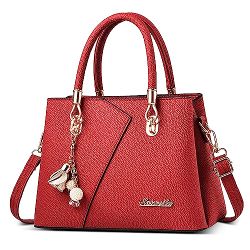 DORRISO Mode Handtasche Damen Elegant Tote Tasche mit Schickem Blumenanhänger Henkeltasche für Einkaufen Reise Urlaub Business Nachmittagstee PU Leder Damen Kuriertaschen Rot von DORRISO