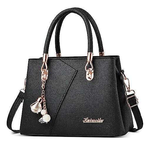 DORRISO Mode Handtasche Damen Elegant Tote Tasche mit Schickem Blumenanhänger Henkeltasche für Einkaufen Reise Urlaub Business Nachmittagstee PU Leder Damen Kuriertaschen Schwarz von DORRISO