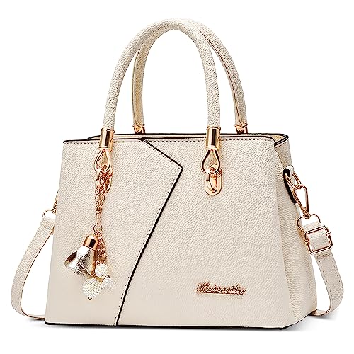 DORRISO Mode Handtasche Damen Elegant Tote Tasche mit Schickem Blumenanhänger Henkeltasche für Einkaufen Reise Urlaub Business Nachmittagstee PU Leder Damen Kuriertaschen Weiss von DORRISO