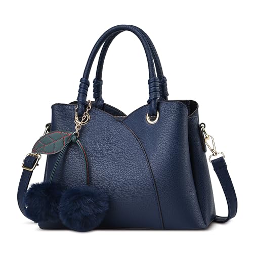 DORRISO Mode Kleine Handtaschen Damen Elegante PU Leder Henkeltasche mit Süßem Pompom-Anhänger Schultertasche Tasche Tote für Reise Einkaufen Arbeit Urlaub Business Damen Umhängetasche Blau von DORRISO