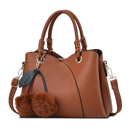 DORRISO Mode Kleine Handtaschen Damen Elegante PU Leder Henkeltasche mit Süßem Pompom-Anhänger Schultertasche Tasche Tote für Reise Einkaufen Arbeit Urlaub Business Damen Umhängetasche Erdiges Gelb von DORRISO