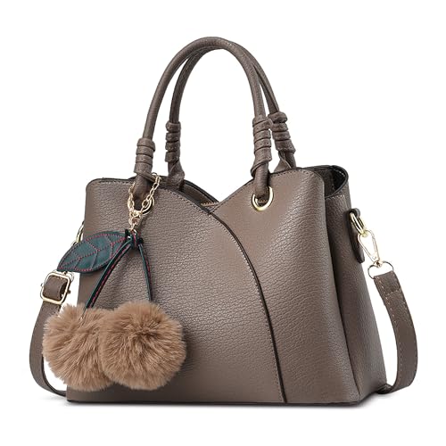 DORRISO Mode Kleine Handtaschen Damen Elegante PU Leder Henkeltasche mit Süßem Pompom-Anhänger Schultertasche Tasche Tote für Reise Einkaufen Arbeit Urlaub Business Damen Umhängetasche Khaki von DORRISO