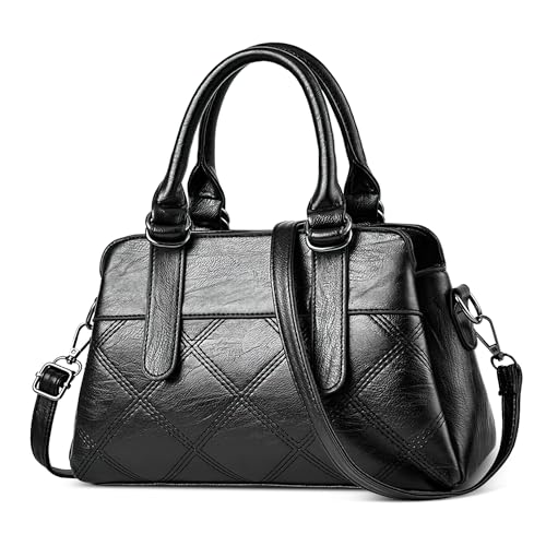 DORRISO Mode Schlichte Handtasche Damen Mittelgroß Henkeltasche Klassische Schultertasche mit Tragegriff für Urlaub Business Reise Nachmittagstee Einkaufen Frauen PU Leder Tragetaschen Schwarz von DORRISO