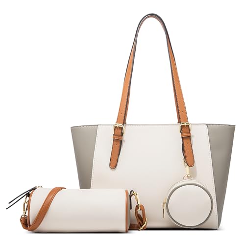 DORRISO Neue Einfach Handtaschen Damen 3 Teiliges Set Elegant Umhängetasche Geldbörse Mode Anti-Dieb Leichtgewicht Damen Schultertasche für Reisen Büro Ernennung Urlaub Einkaufen PU Leder Weiß von DORRISO
