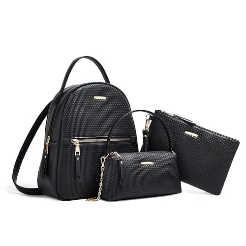 DORRISO Niedlich Damen Rucksack 3 Teiliges Set Reiserucksack Elegante Umhängetaschen Geldbörse Damen Rucksack Set Schulrucksack für Büro Urlaub Einkaufen Wasserdicht PU Leder Schwarz von DORRISO
