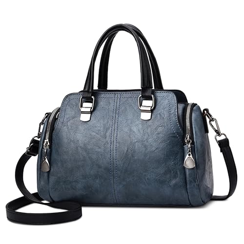 DORRISO Retro Damen Handtaschen Mode Henkeltasche Klassische Schultertasche mit Tragegriff Umhängetasche für Urlaub Business Reise Nachmittagstee Einkaufen Frauen PU Leder Tragetaschen Blau von DORRISO