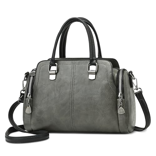 DORRISO Retro Damen Handtaschen Mode Henkeltasche Klassische Schultertasche mit Tragegriff Umhängetasche für Urlaub Business Reise Nachmittagstee Einkaufen Frauen PU Leder Tragetaschen Grau von DORRISO