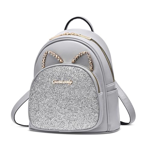 DORRISO Rucksack für Damen Süßer Katze Rucksack für Mädchen Mini Leicht Rucksack Anti Dieb Cityrucksack Reise Leder Wasserdicht Schulrucksack Damen für Freizeit Büro Urlaub Einkaufen Grau von DORRISO