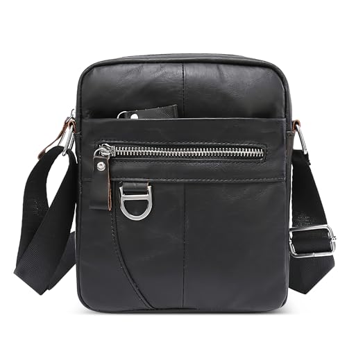 DORRISO Stilvoll Herren Umhängetasche Leichter Praktisch Schultertasche Anti Diebstahl Herren Sling Tasche für Radfahren Reisen Camping Lässig Sport Echtes Leder Schwarz von DORRISO