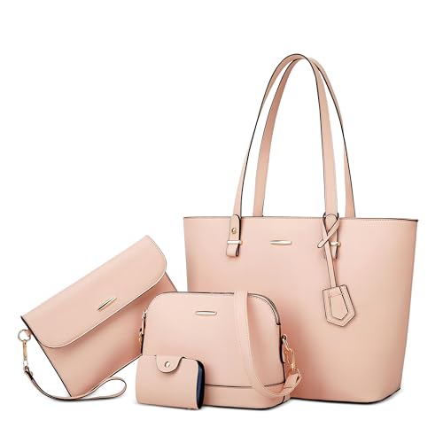 DORRISO Taschen Set Handtaschen Set Damen - 4 Teiliges Groß Kapazität Mehrzweck Mehreren Fächern wasserdichte PU Leder Verstellbarer Gurt für Büro Schule Einkauf Reise Rosa von DORRISO