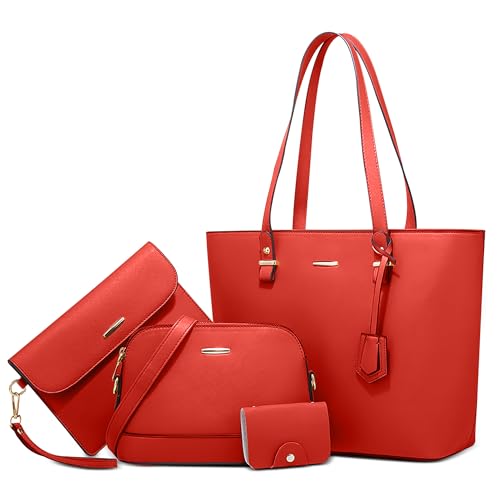 DORRISO Taschen Set Handtaschen Set Damen - 4 Teiliges Groß Kapazität Mehrzweck Mehreren Fächern wasserdichte PU Leder Verstellbarer Gurt für Büro Schule Einkauf Reise Rot DORRISO Taschen Set Handtaschen Set Damen - 4 Teiliges Groß Kapazität Mehrzweck Mehreren Fächern wasserdichte PU Leder Verstellbarer Gurt für Büro Schule Einkauf Reise Rot von DORRISO