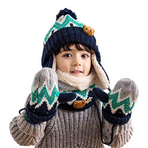 DORRISO Unisex-Baby Jungen Mädchen Mütze Schal Handschuh Set Niedlich Frühling Winter Herbst Beanie Strickmütze Warm Niedlich Klein Fuchs Wintermütze 1-6 Jahre alt Blau B M von DORRISO