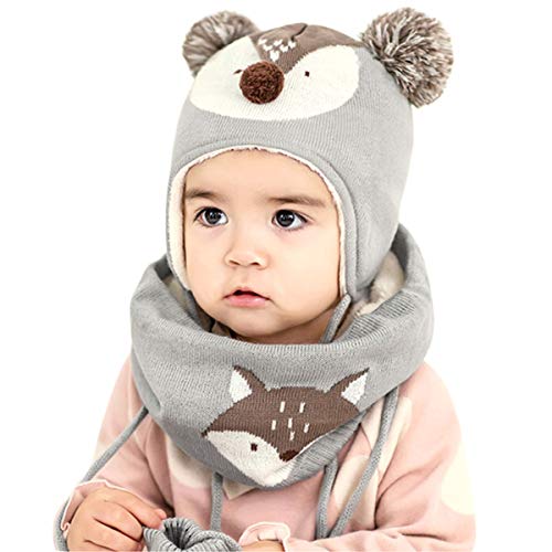 DORRISO Unisex-Baby Jungen Mädchen Mütze Schal Handschuh Set Niedlich Frühling Winter Herbst Beanie Strickmütze Warm Niedlich Klein Fuchs Wintermütze 1-6 Jahre alt Grau L von DORRISO