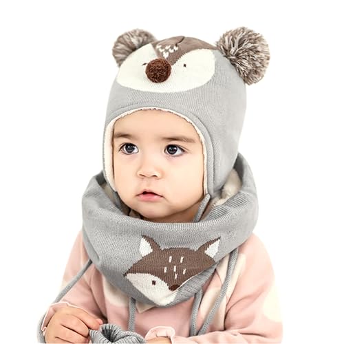 DORRISO Unisex-Baby Jungen Mädchen Mütze Schal Handschuh Set Niedlich Frühling Winter Herbst Beanie Strickmütze Warm Niedlich Klein Fuchs Wintermütze 1-6 Jahre alt Grau L von DORRISO