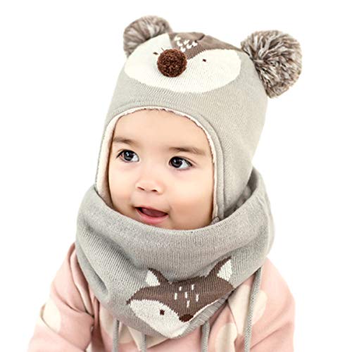 DORRISO Unisex-Baby Jungen Mädchen Mütze Schal Set Frühling Winter Herbst Warm Gemütlich Beanie Strickmütze Niedlich Klein Fuchs Mütze,Grau L von DORRISO