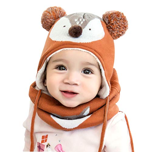 DORRISO Unisex-Baby Jungen Mädchen Mütze Schal Set Frühling Winter Herbst Warm Gemütlich Beanie Strickmütze Niedlich Klein Fuchs Mütze,Orange L von DORRISO