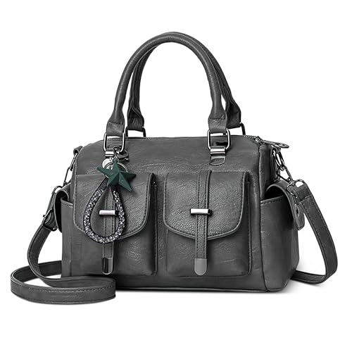 DORRISO Vintage Handtaschen Damen Elegante Henkeltasche PU Leder Mehrere Taschen Schultertasche mit Griff Kleine Tasche Tote für Reise Einkaufen Arbeit Urlaub Business Damen Umhängetasche Grau von DORRISO