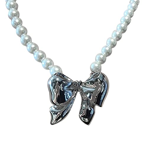 DOSERTY Accessoires Fashion Big Bowknot Anhänger Halskette Sweet Cool Perlen Schlüsselbein Kette Statement Ästhetischer Schmuck Künstliche Perlen Halskette mit Anhänger von DOSERTY